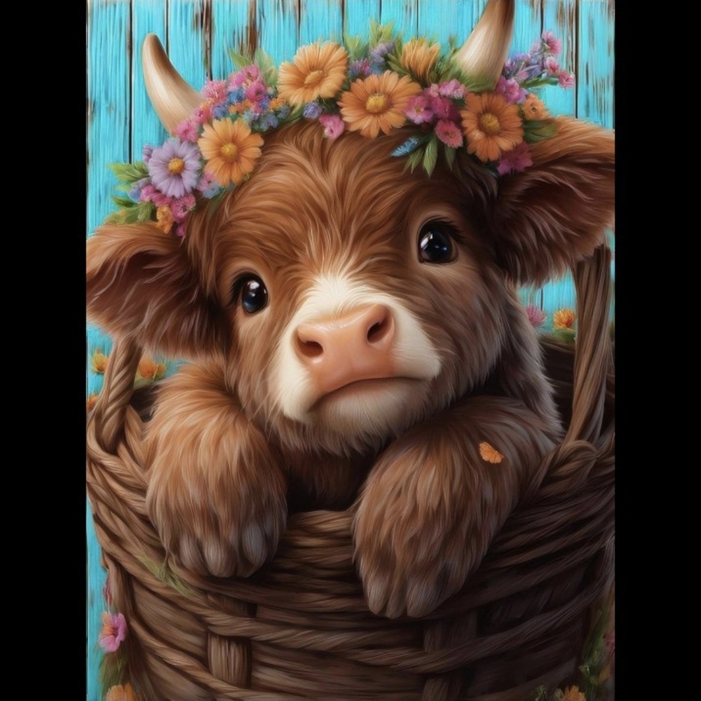 Baby Cow Flower Basket 5D Diamond Painting Kit New